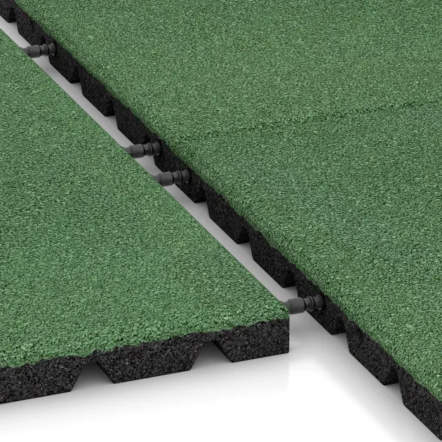 Großaufnahme vom Verbindungssystem von WARCO-Boden 0547 - Playground safety tile im Farbdesign Pale Green. Abmessungen 500 x 500 x 30 mm.