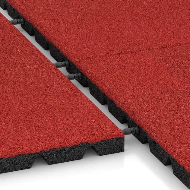 Großaufnahme vom Verbindungssystem von WARCO-Boden 5474 - Playground Safety Tile 3 cm - EN 1177 ≤ 100 cm im Farbdesign Rose. Abmessungen 500 x 500 x 30 mm.