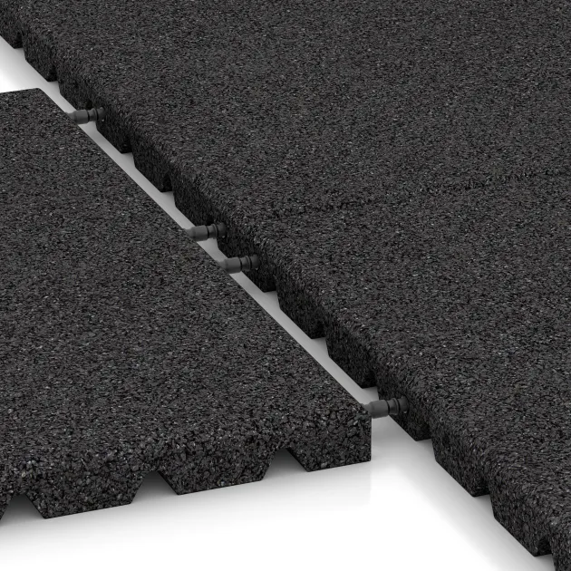 Großaufnahme vom Verbindungssystem von WARCO-Boden 5462 - Playground Safety Tile 3 cm - EN 1177 ≤ 100 cm im Farbdesign Anthracite. Abmessungen 500 x 500 x 30 mm.