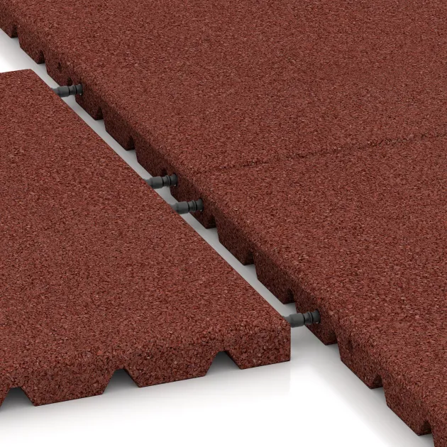 Großaufnahme vom Verbindungssystem von WARCO-Boden 0575 - Playground safety tile im Farbdesign Brick red. Abmessungen 500 x 500 x 30 mm.