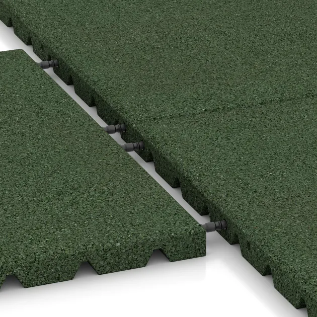 Großaufnahme vom Verbindungssystem von WARCO-Boden 0576 - Playground safety tile im Farbdesign Grass Green. Abmessungen 500 x 500 x 30 mm.