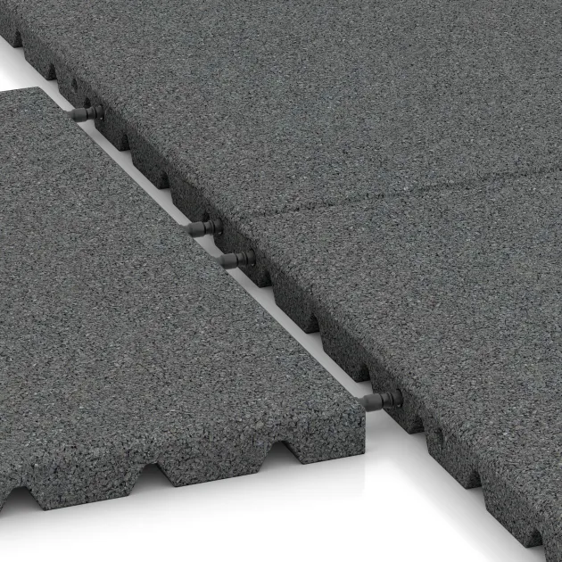 Großaufnahme vom Verbindungssystem von WARCO-Boden 0577 - Playground safety tile im Farbdesign Slate grey. Abmessungen 500 x 500 x 30 mm.