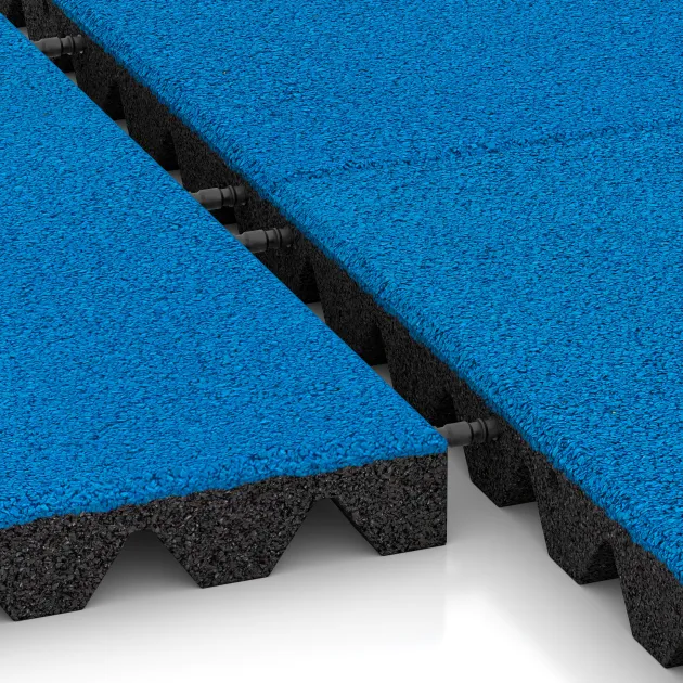 Großaufnahme vom Verbindungssystem von WARCO-Boden 5532 - Playground Safety Tile 4.5 cm - EN 1177 ≤ 135 cm im Farbdesign Sky Blue. Abmessungen 500 x 500 x 45 mm.