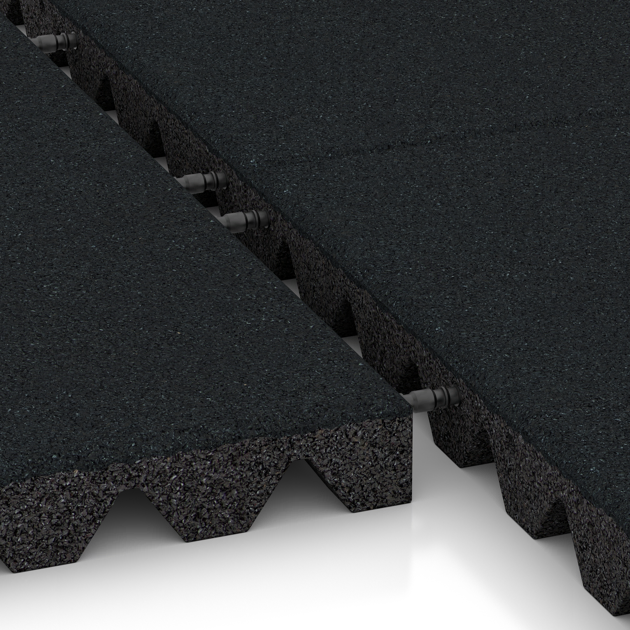 Großaufnahme vom Verbindungssystem von WARCO-Boden 5535 - Playground Safety Tile 4.5 cm - EN 1177 ≤ 135 cm im Farbdesign Iron Grey. Abmessungen 500 x 500 x 45 mm.