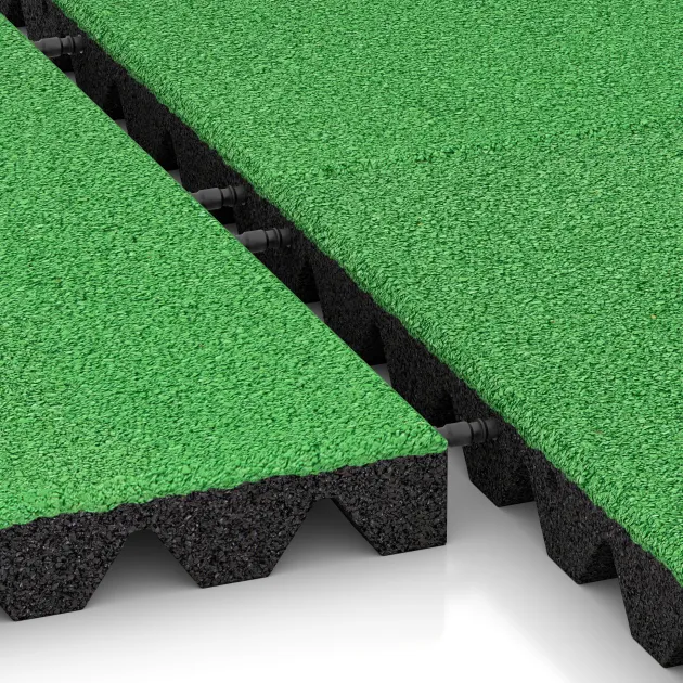 Großaufnahme vom Verbindungssystem von WARCO-Boden 5536 - Playground Safety Tile 4.5 cm - EN 1177 ≤ 135 cm im Farbdesign May Green. Abmessungen 500 x 500 x 45 mm.