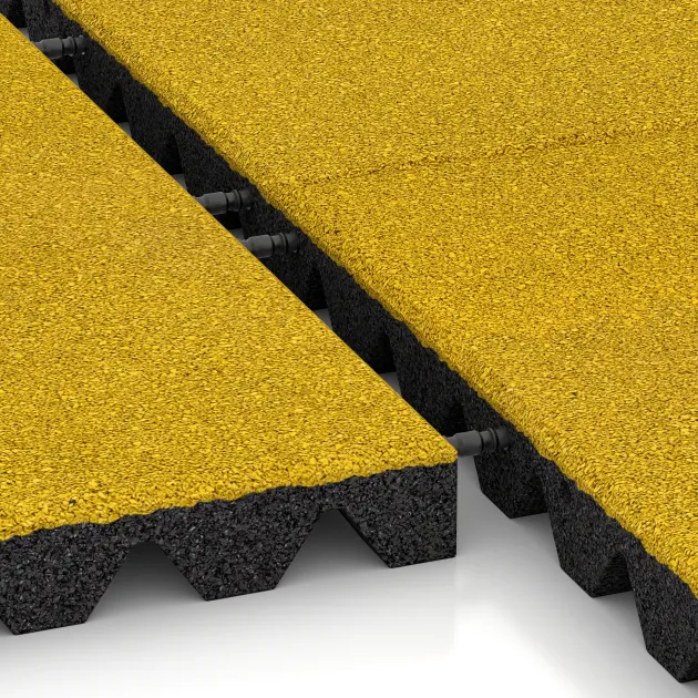 Großaufnahme vom Verbindungssystem von WARCO-Boden 5537 - Playground Safety Tile 4.5 cm - EN 1177 ≤ 135 cm im Farbdesign Lemon Yellow. Abmessungen 500 x 500 x 45 mm.