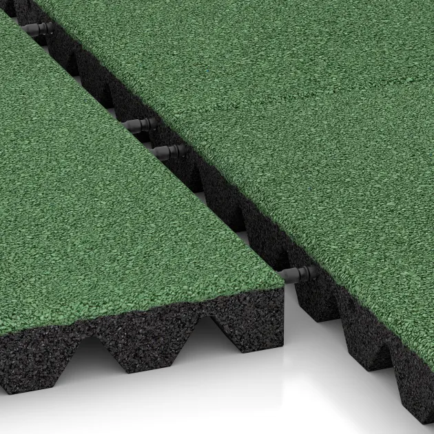Großaufnahme vom Verbindungssystem von WARCO-Boden 5538 - Playground Safety Tile 4.5 cm - EN 1177 ≤ 135 cm im Farbdesign Pale Green. Abmessungen 500 x 500 x 45 mm.