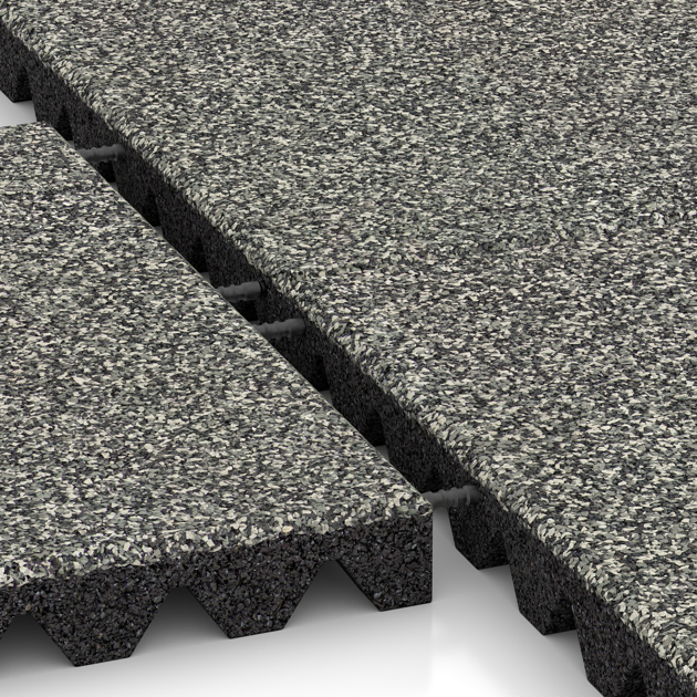 Großaufnahme vom Verbindungssystem von WARCO-Boden 5356 - Playground safety tile im Farbdesign Gray Granite. Abmessungen 500 x 500 x 50 mm.