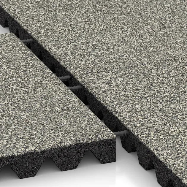 Großaufnahme vom Verbindungssystem von WARCO-Boden 5350 - Playground safety tile im Farbdesign Light Granite. Abmessungen 500 x 500 x 50 mm.