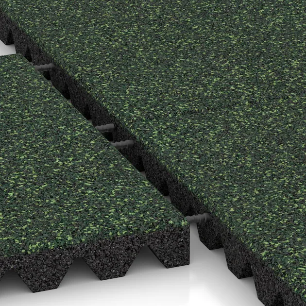 Großaufnahme vom Verbindungssystem von WARCO-Boden 5577 - Playground Safety Tile 5 cm - EN 1177 ≤ 145 cm im Farbdesign English Lawn. Abmessungen 500 x 500 x 50 mm.