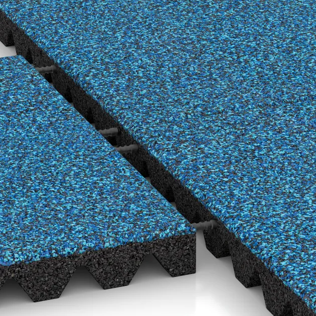 Großaufnahme vom Verbindungssystem von WARCO-Boden 5583 - Playground Safety Tile 5 cm - EN 1177 ≤ 145 cm im Farbdesign Atlantic. Abmessungen 500 x 500 x 50 mm.