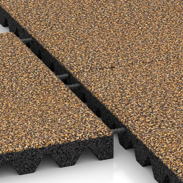 Großaufnahme vom Verbindungssystem von WARCO-Boden 5586 - Playground Safety Tile 5 cm - EN 1177 ≤ 145 cm im Farbdesign Rattan Lounge. Abmessungen 500 x 500 x 50 mm.