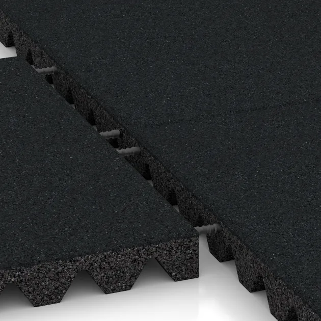 Großaufnahme vom Verbindungssystem von WARCO-Boden 5567 - Playground Safety Tile 5 cm - EN 1177 ≤ 145 cm im Farbdesign Iron Grey. Abmessungen 500 x 500 x 50 mm.