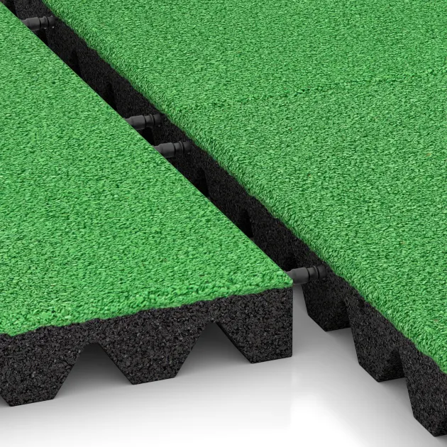 Großaufnahme vom Verbindungssystem von WARCO-Boden 0685 - Playground safety tile im Farbdesign May Green. Abmessungen 500 x 500 x 50 mm.