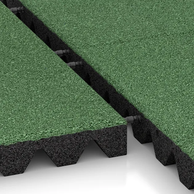 Großaufnahme vom Verbindungssystem von WARCO-Boden 5570 - Playground Safety Tile 5 cm - EN 1177 ≤ 145 cm im Farbdesign Pale Green. Abmessungen 500 x 500 x 50 mm.
