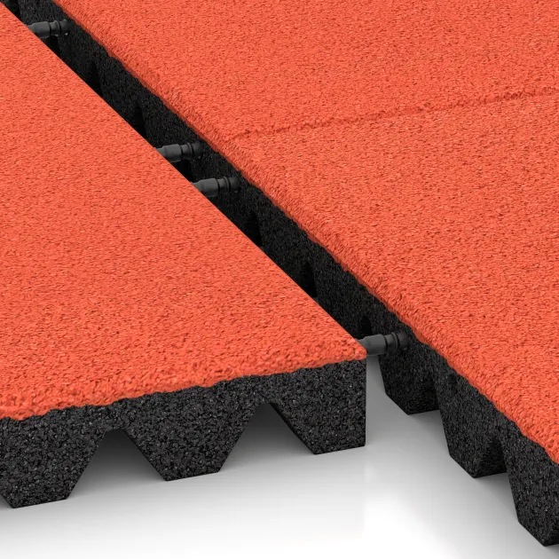 Großaufnahme vom Verbindungssystem von WARCO-Boden 5571 - Playground Safety Tile 5 cm - EN 1177 ≤ 145 cm im Farbdesign Bright Red-Orange. Abmessungen 500 x 500 x 50 mm.
