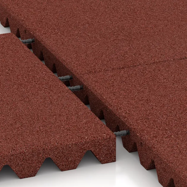 Großaufnahme vom Verbindungssystem von WARCO-Boden 0691 - Playground safety tile im Farbdesign Brick red. Abmessungen 500 x 500 x 50 mm.