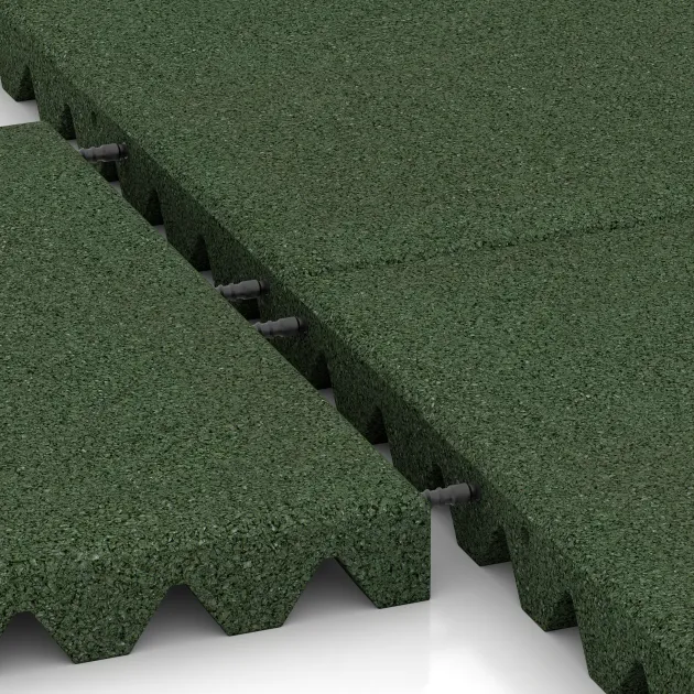 Großaufnahme vom Verbindungssystem von WARCO-Boden 0692 - Playground safety tile im Farbdesign Grass Green. Abmessungen 500 x 500 x 50 mm.