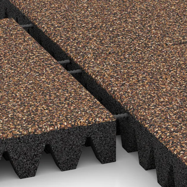 Großaufnahme vom Verbindungssystem von WARCO-Boden 5363 - Playground safety tile im Farbdesign Bark & Bast. Abmessungen 500 x 500 x 80 mm.