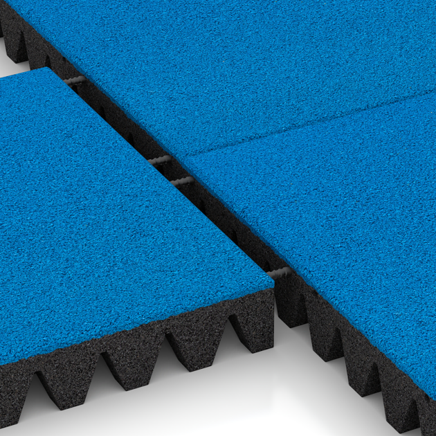 Großaufnahme vom Verbindungssystem von WARCO-Boden 0717 - Playground safety tile im Farbdesign Sky Blue. Abmessungen 500 x 500 x 80 mm.