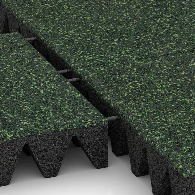 Großaufnahme vom Verbindungssystem von WARCO-Boden 3709 - Playground safety tile im Farbdesign English Lawn. Abmessungen 500 x 500 x 100 mm.