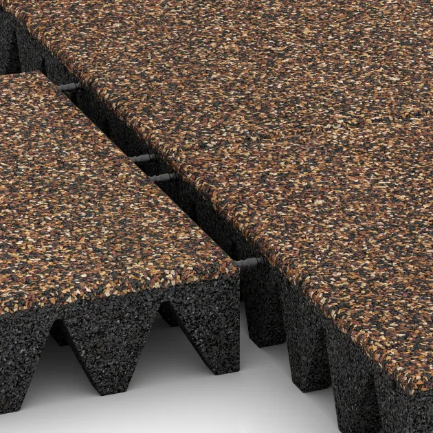 Großaufnahme vom Verbindungssystem von WARCO-Boden 3711 - Playground safety tile im Farbdesign Bark & Bast. Abmessungen 500 x 500 x 100 mm.