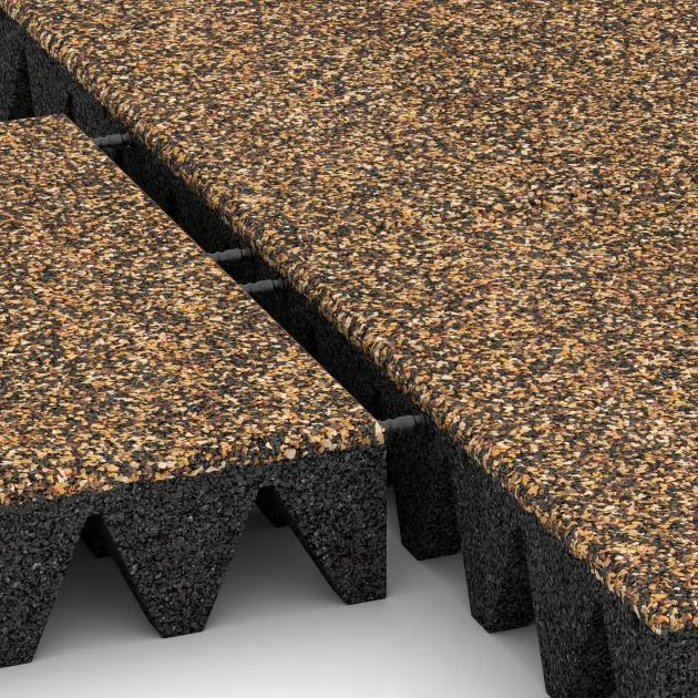 Großaufnahme vom Verbindungssystem von WARCO-Boden 3702 - Playground safety tile im Farbdesign Rattan Lounge. Abmessungen 500 x 500 x 100 mm.