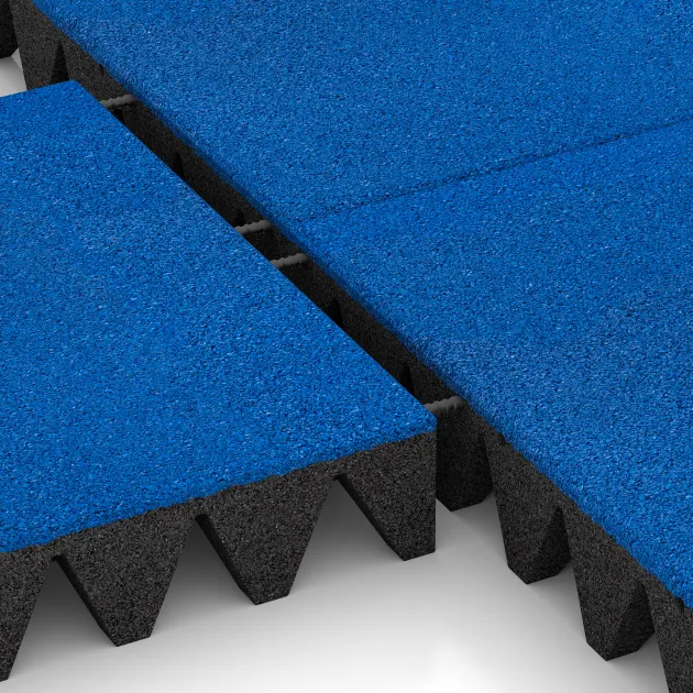 Großaufnahme vom Verbindungssystem von WARCO-Boden 0733 - Playground safety tile im Farbdesign Gentian Blue. Abmessungen 500 x 500 x 100 mm.