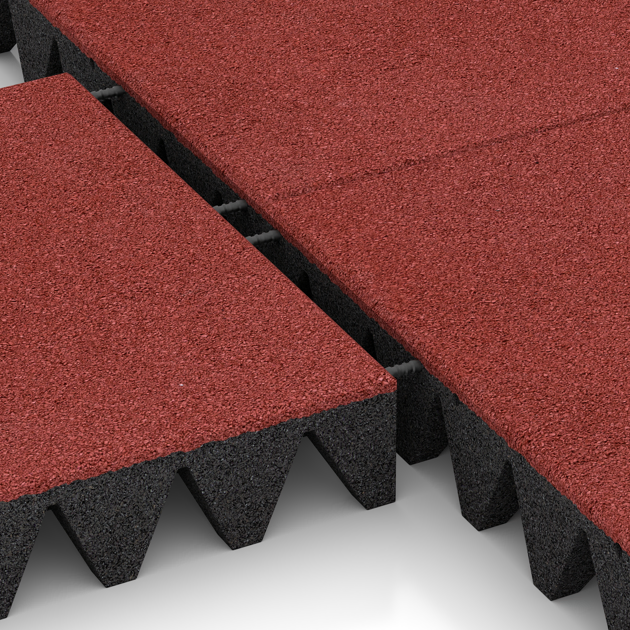 Großaufnahme vom Verbindungssystem von WARCO-Boden 0734 - Playground safety tile im Farbdesign Coral Red. Abmessungen 500 x 500 x 100 mm.