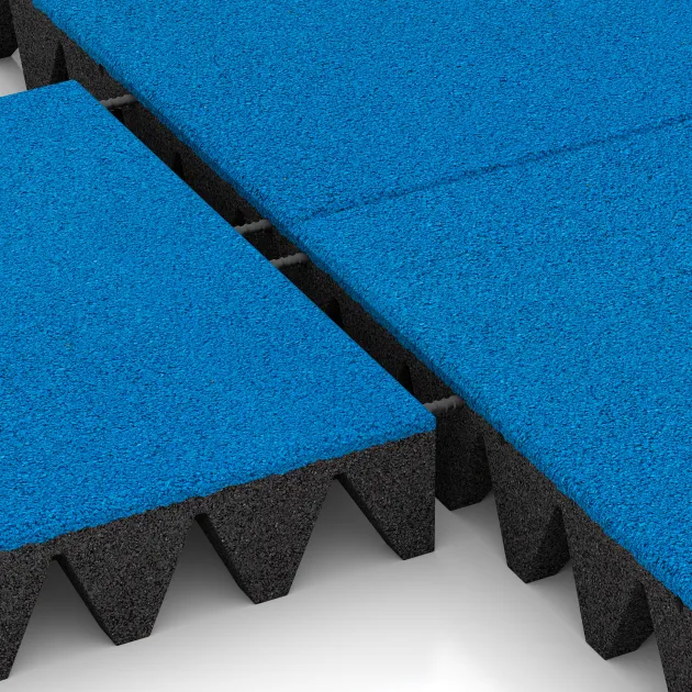 Großaufnahme vom Verbindungssystem von WARCO-Boden 5632 - Playground Safety Tile 10 cm - EN 1177 ≤ 300 cm im Farbdesign Sky Blue. Abmessungen 500 x 500 x 100 mm.
