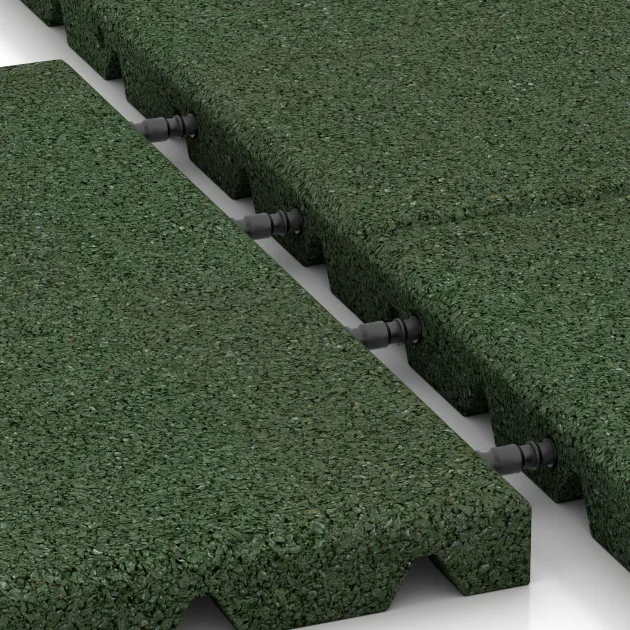 Großaufnahme vom Verbindungssystem von WARCO-Boden 0522 - Playground safety tile im Farbdesign Grass Green. Abmessungen 400 x 400 x 30 mm.