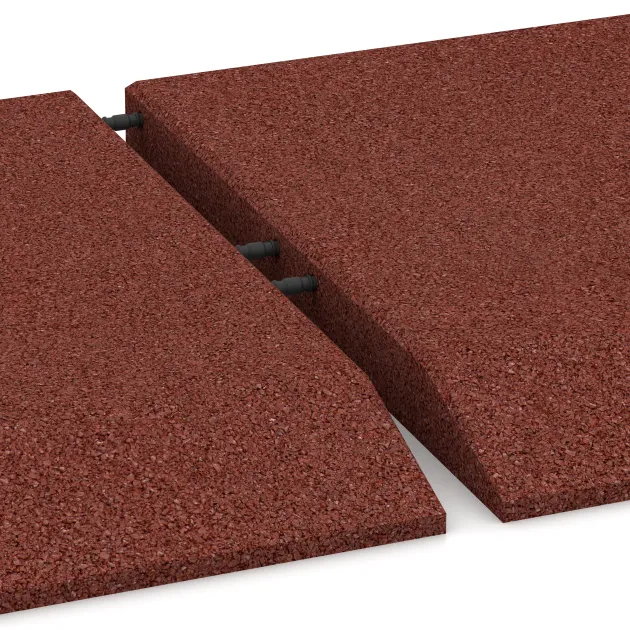Großaufnahme vom Verbindungssystem von WARCO-Boden 0474 - Corner tile (two chamfered sides) im Farbdesign Brick red. Abmessungen 500 x 500 x 45 mm.