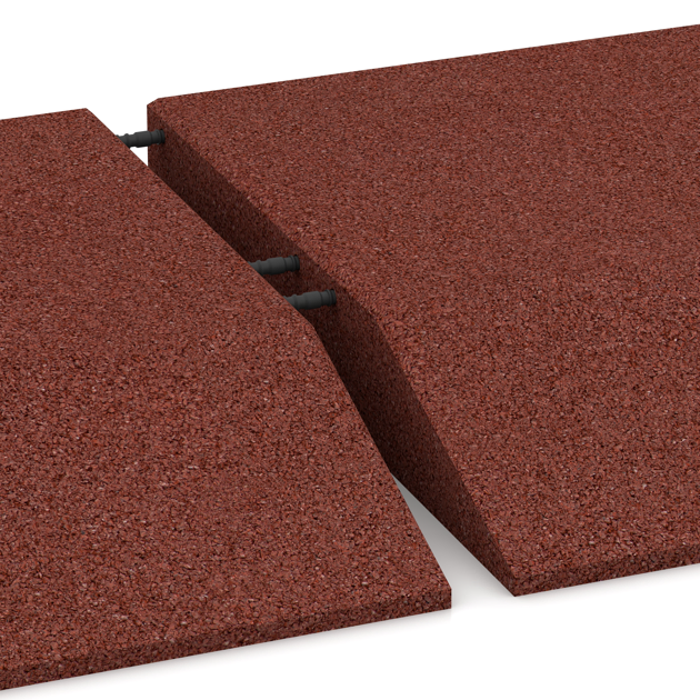 Großaufnahme vom Verbindungssystem von WARCO-Boden 0492 - Corner tile (two chamfered sides) im Farbdesign Brick red. Abmessungen 500 x 500 x 80 mm.