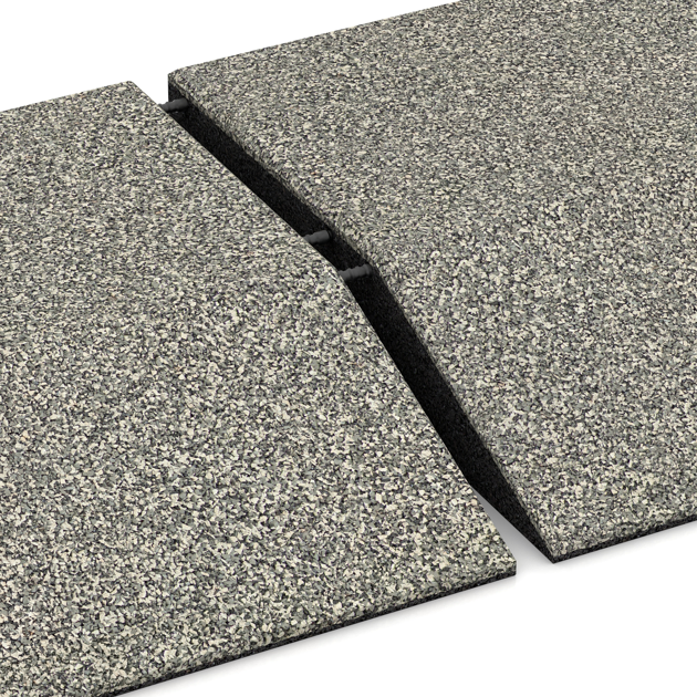 Großaufnahme vom Verbindungssystem von WARCO-Boden 3830 - Corner tile (two chamfered sides) im Farbdesign Light Granite. Abmessungen 500 x 500 x 100 mm.