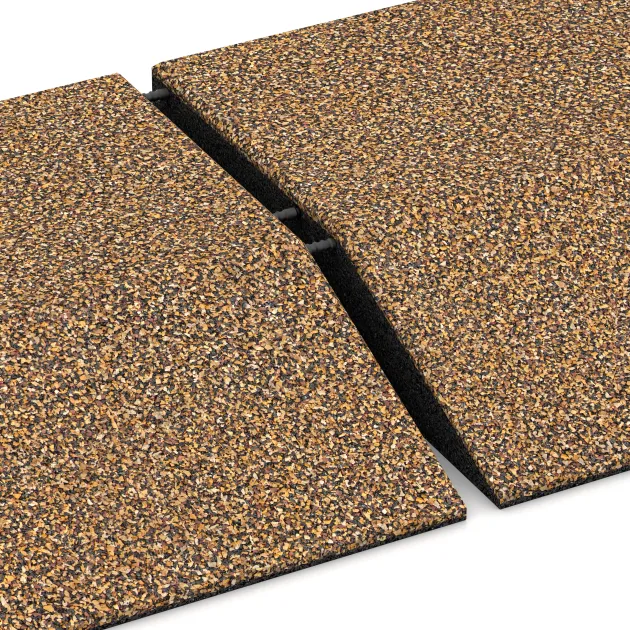 Großaufnahme vom Verbindungssystem von WARCO-Boden 3823 - Corner tile (two chamfered sides) im Farbdesign Rattan Lounge. Abmessungen 500 x 500 x 100 mm.
