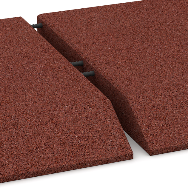 Großaufnahme vom Verbindungssystem von WARCO-Boden 0486 - Corner tile (two chamfered sides) im Farbdesign Brick red. Abmessungen 500 x 500 x 65 mm.