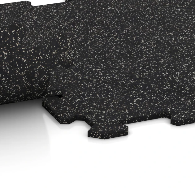 Großaufnahme vom Verbindungssystem von WARCO-Boden 0920 - Fitness Floor Compact im Farbdesign Light Grey Speckled. Abmessungen 485 x 485 x 8 mm | 0,235 m².