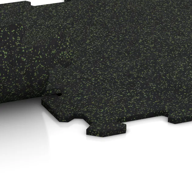 Großaufnahme vom Verbindungssystem von WARCO-Boden 0921 - Fitness Floor Compact im Farbdesign Light Green Speckled. Abmessungen 485 x 485 x 8 mm.