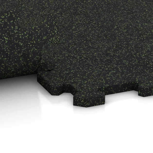 Großaufnahme vom Verbindungssystem von WARCO-Boden 0981 - Stair tread tile im Farbdesign Light Green Speckled. Abmessungen 485 x 485 x 16 mm.