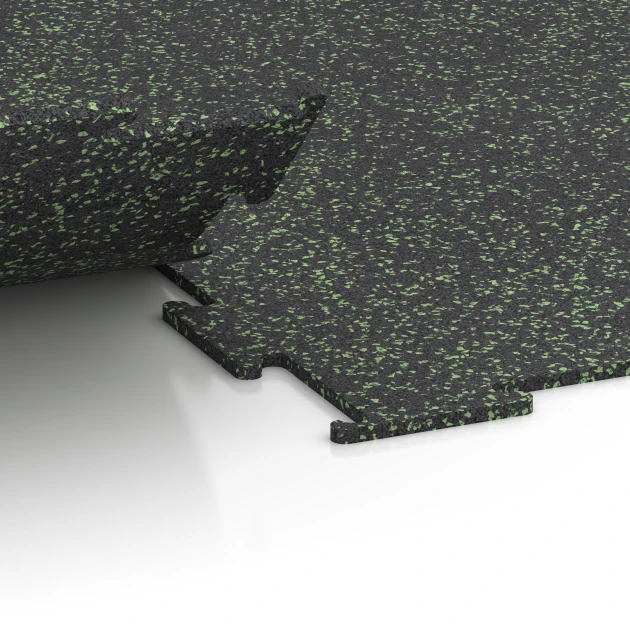 Großaufnahme vom Verbindungssystem von WARCO-Boden 6453 - Fitness Floor Compact im Farbdesign Light Green Speckled. Abmessungen 100 × 100 × 0,8 cm.