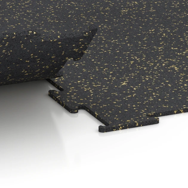 Großaufnahme vom Verbindungssystem von WARCO-Boden 6460 - Fitness Floor Compact im Farbdesign Light Yellow Speckled. Abmessungen 50 × 50 × 0,8 cm.