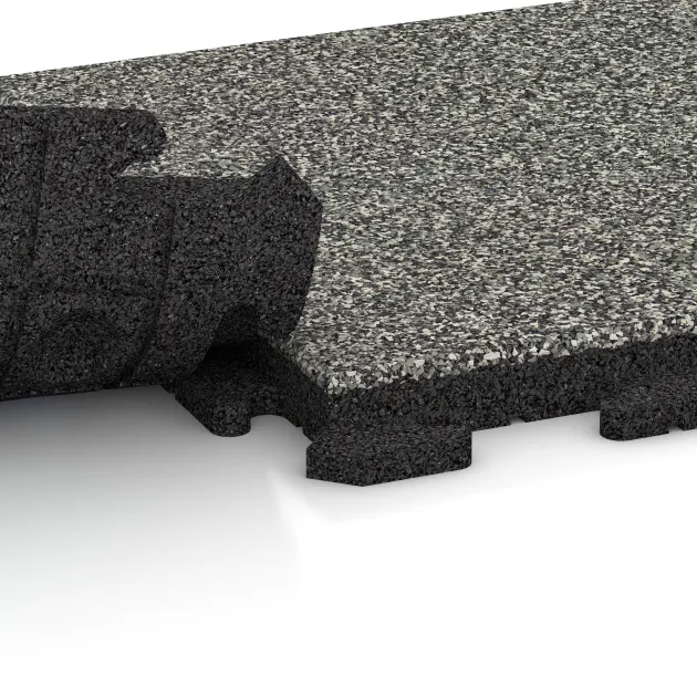 Großaufnahme vom Verbindungssystem von WARCO-Boden 1340 - Pool Decking Tile Classic im Farbdesign Gray Granite. Abmessungen 500 x 500 x 40 mm.