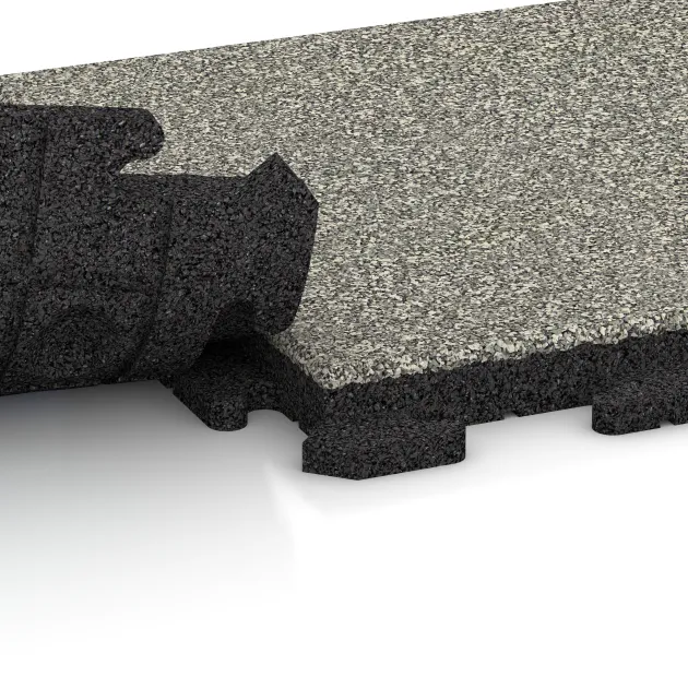 Großaufnahme vom Verbindungssystem von WARCO-Boden 5795 - Event Floor im Farbdesign Light Granite. Abmessungen 500 x 500 x 40 mm.