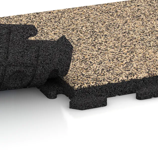 Großaufnahme vom Verbindungssystem von WARCO-Boden 1347 - Pool Decking Tile Classic im Farbdesign Travertine. Abmessungen 500 x 500 x 40 mm.