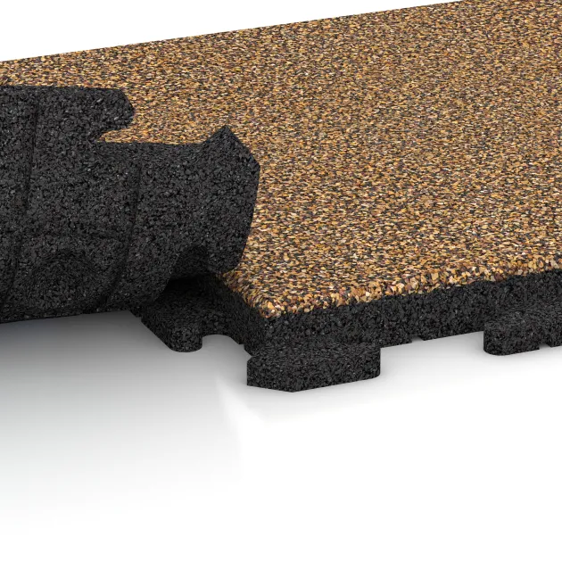 Großaufnahme vom Verbindungssystem von WARCO-Boden 5806 - Event Floor im Farbdesign Rattan Lounge. Abmessungen 500 x 500 x 40 mm.
