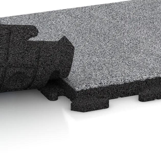 Großaufnahme vom Verbindungssystem von WARCO-Boden 5807 - Event Floor im Farbdesign Grey Melange. Abmessungen 500 x 500 x 40 mm.