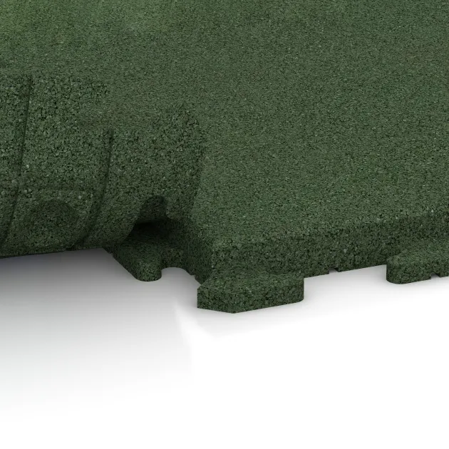 Großaufnahme vom Verbindungssystem von WARCO-Boden 1406 - Fitness Floor Rubber Tiles Classic im Farbdesign Grass Green. Abmessungen 500 x 500 x 40 mm.