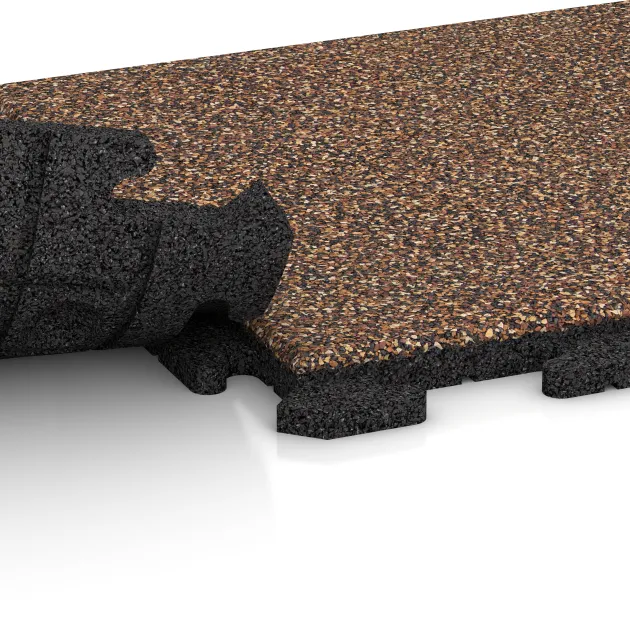 Großaufnahme vom Verbindungssystem von WARCO-Boden 5778 - Event Floor im Farbdesign Bark & Bast. Abmessungen 500 x 500 x 30 mm.