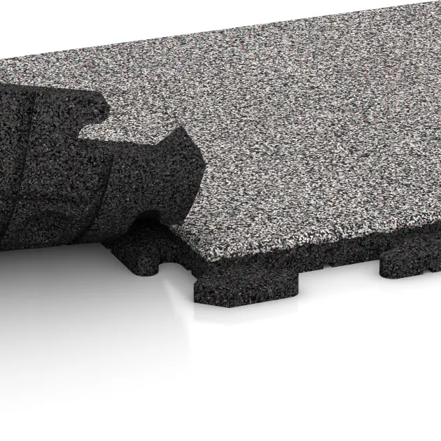 Großaufnahme vom Verbindungssystem von WARCO-Boden 4616 - Terrace tile Classic im Farbdesign Grey Melange. Abmessungen 500 x 500 x 30 mm.