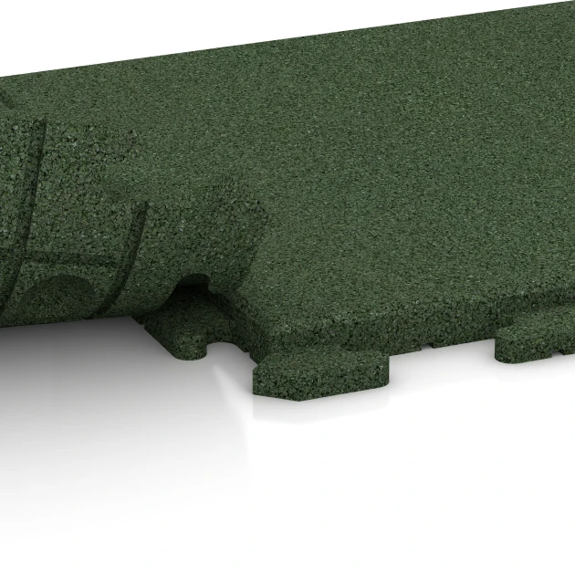 Großaufnahme vom Verbindungssystem von WARCO-Boden 1250 - Outdoor Tile Classic im Farbdesign Grass green. Abmessungen 500 x 500 x 30 mm.